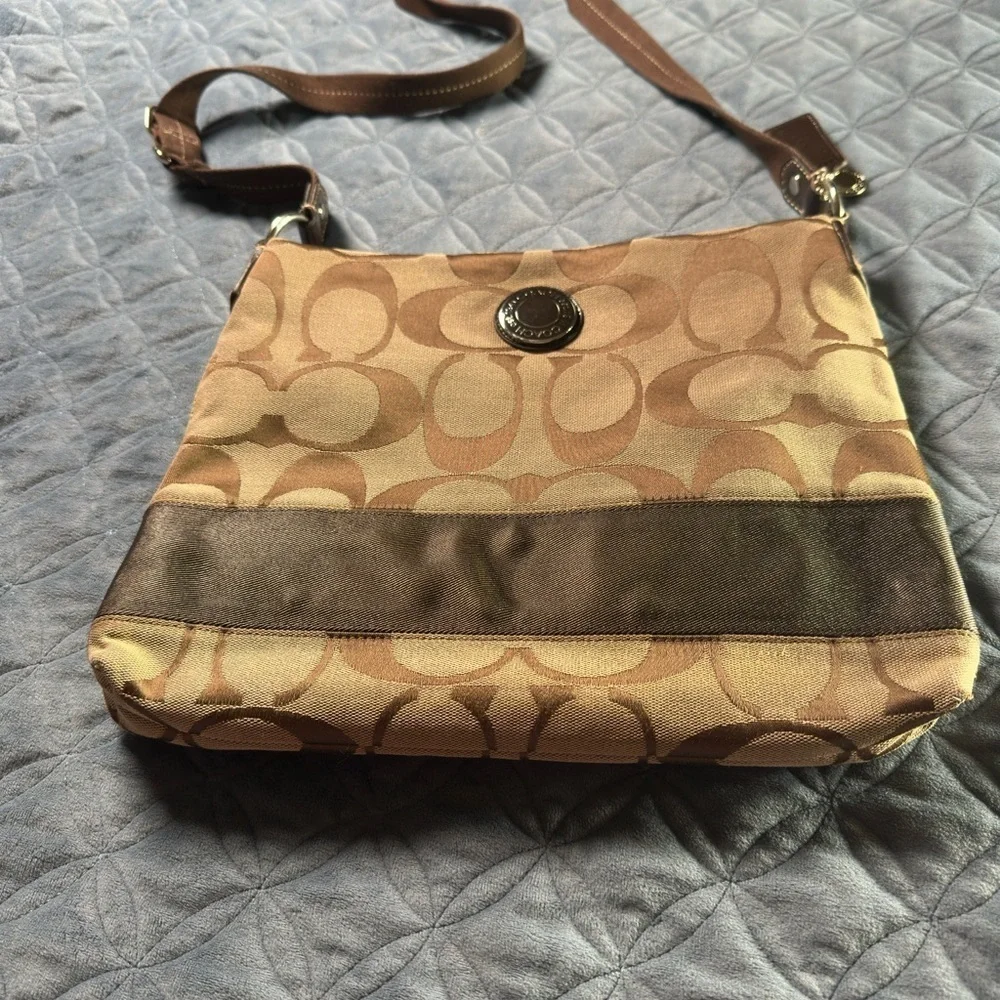 Coach Tan and Brown Crossbody Bag with Signature Monogram